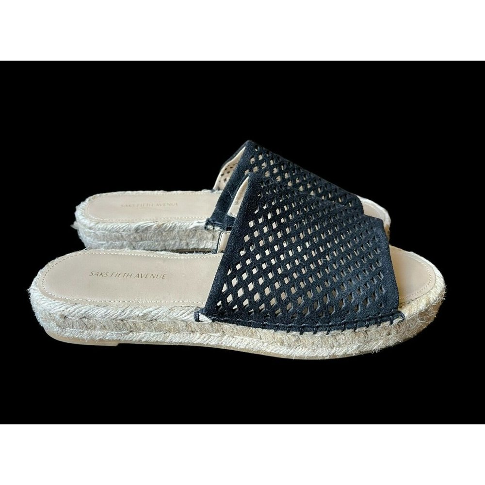 Saks Fifth Avenue Black Suede Espadrilles Slip On Mule Sandals Women 8 8.5 EUC